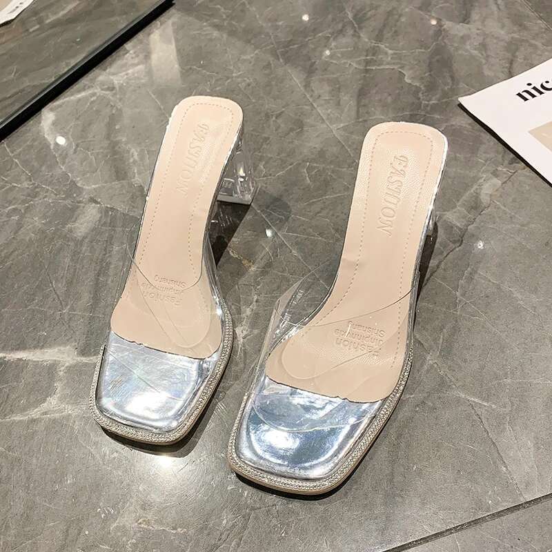 2025 Summer New Transparent High Heel Sandals Designer Fashion Crystal Shoes Women's Casual Slippers Women