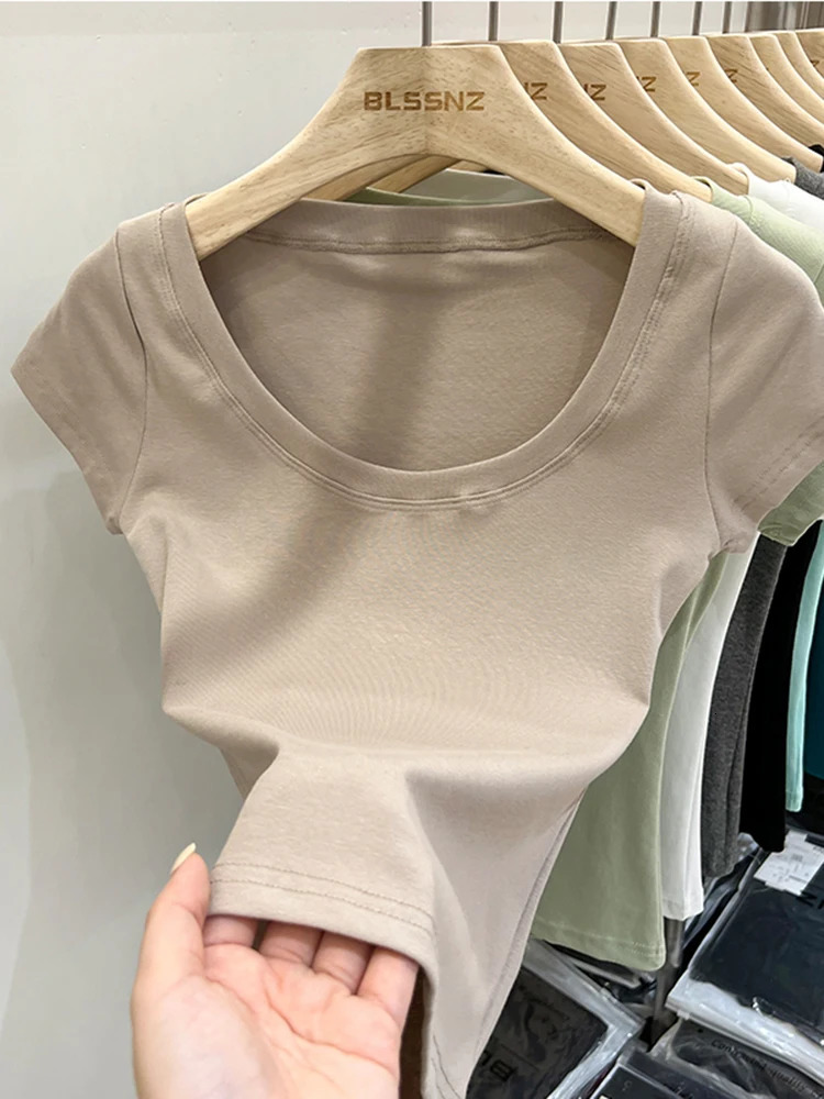 sexy square neckline ultra-thin T-shirt for womens cotton elastic basic solid womens casual top short sleeved ultra-thin T-shirt 250321