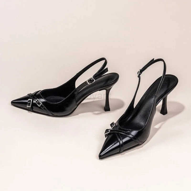 Fashionable Pointed Toe Shallow Mouth New High-heeled Shoes Summer Elegant Buckle Decorated Stiletto Black Wens Shoes NO 602 Z250326