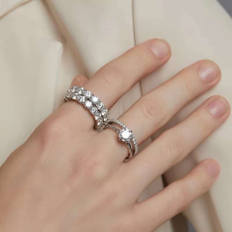 Kacy Gra Bridal Custom 925 Silver 4mm Round Cut Ice Out Moissanite Engagement Eternity Band Ring for Wedding