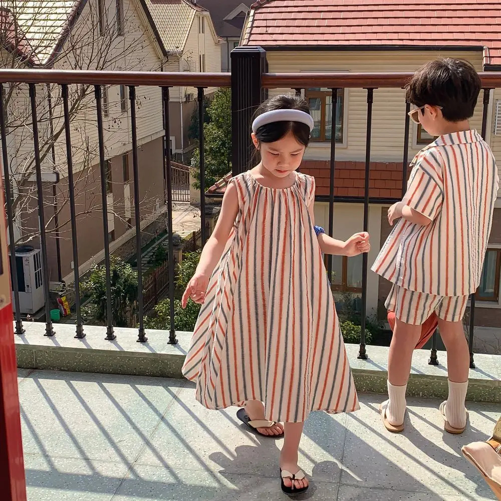 5341C Brother and Sister Clothes Summer Striped Sleeveless Girls Vest Dress Or Boys Suit Short-sleeved ShirtShort 250326