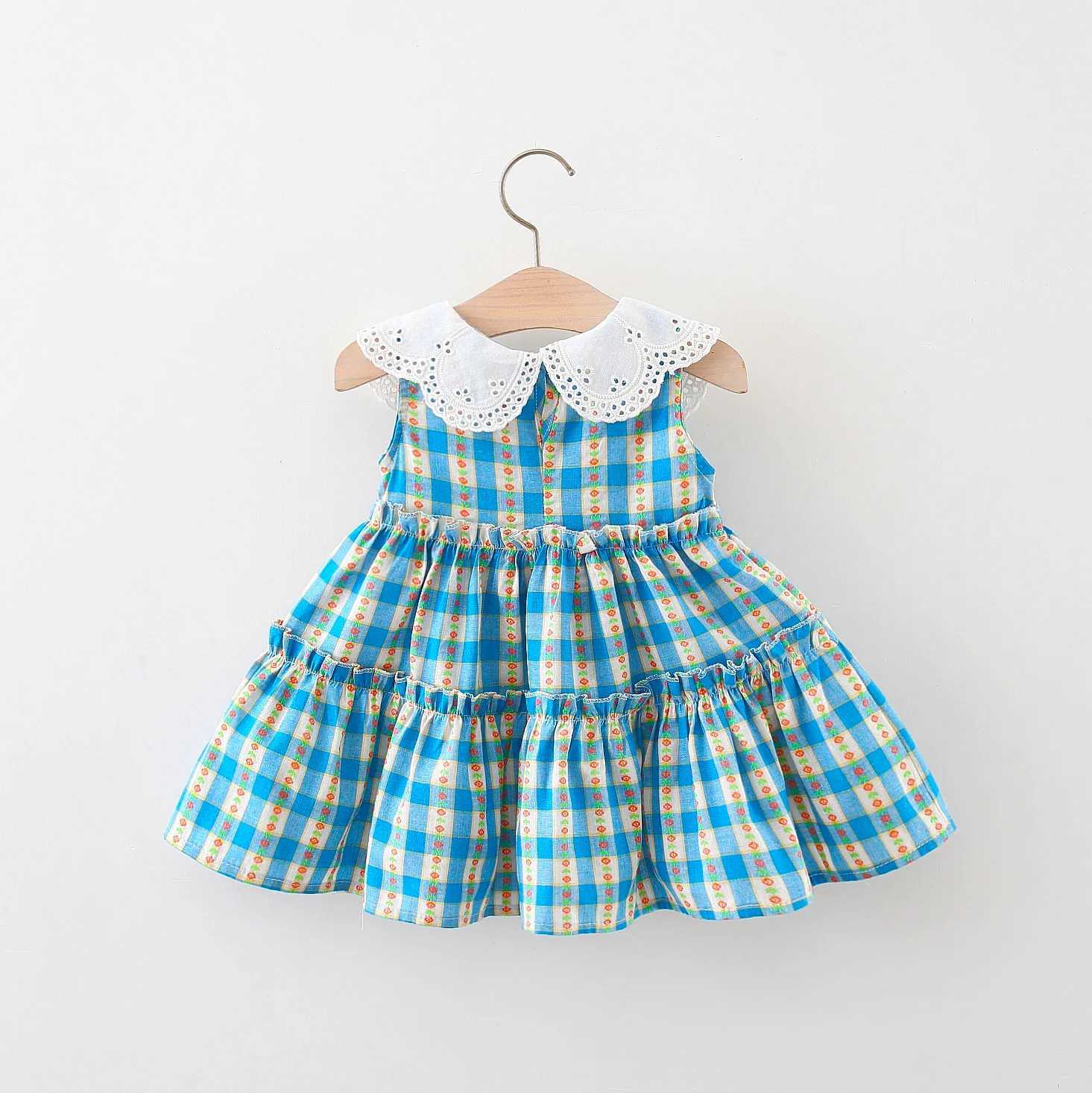 1-6 Y childrens girls cotton sleeveless lace collar dress cute floral plaid design dress W250326