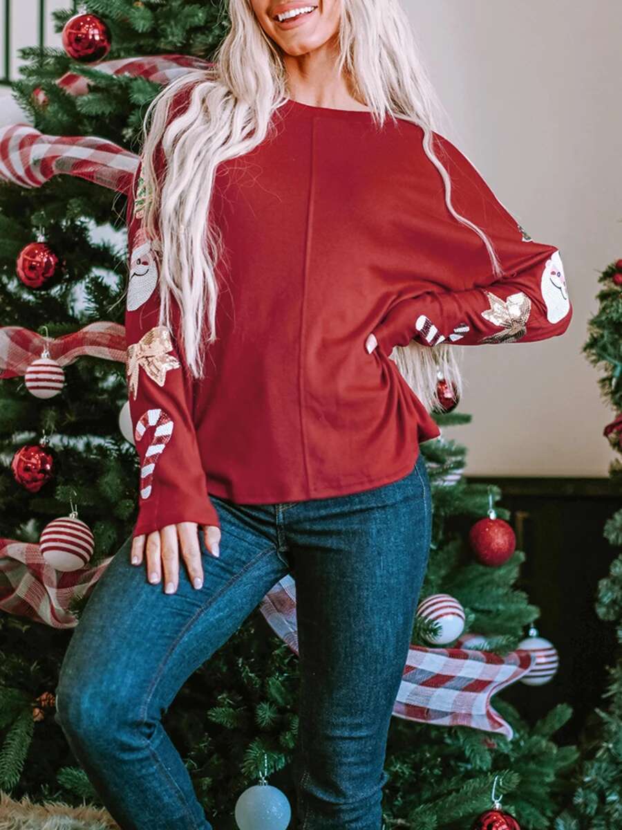 Ddmyshoesvip Women Christmas Tops Reindeer Print Round Neck Long Sleeve Loose Fit Casual T Shirts With Sequins Embellishment