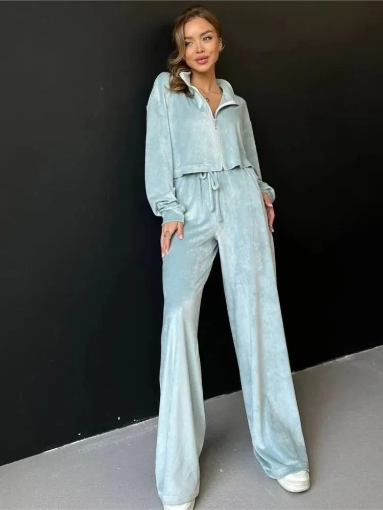 Autumn/Winter Solid Velvet Two Piece Womens Zipper Long Sleeve Sweatshirt Top Wide Leg Pants Casual Set 250321