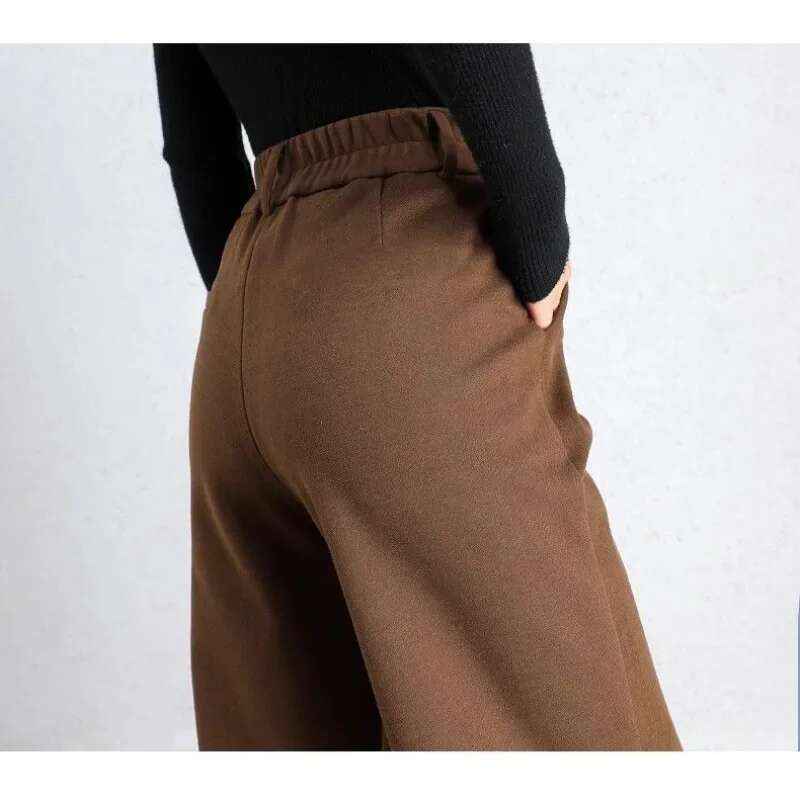 Autumn And Winter Women's Solid Color Loose Woolen High Waist Wide Leg Pants Elastic Pockets Fashion Casual Commuter Trousers