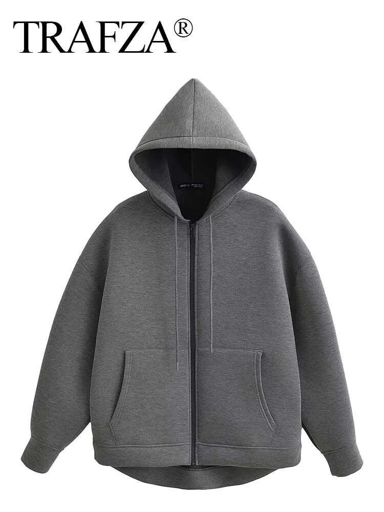 TRAFZA Autumn Women Gray With Hood Long Sleeve Big Pocket Zipper Jacket Woman Loose Casual Outerwear Coat Tops
