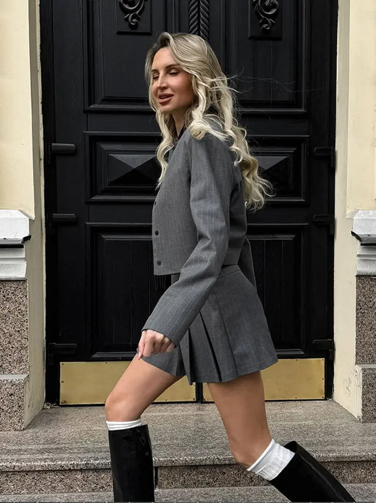 Striped Short Jackets Skirts Set Women Casual Long Sleeve Suit Coat Mini Skirt Sets Female Elegant Chic Gray Outfits Streetwear 250321
