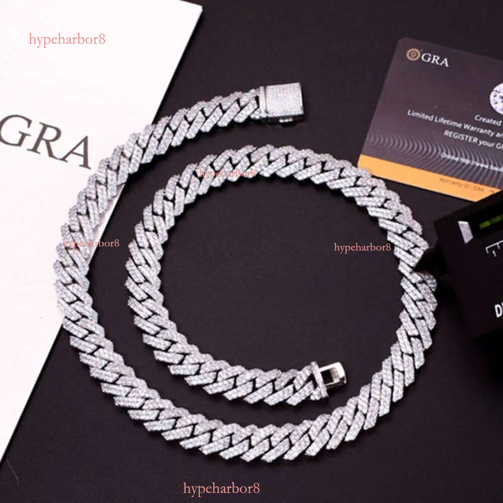 Designer Necklace Hip Hop 2 Rows Stones 14mm Sterg Sier White Gold Plated Iced VVS Dia Moissanite Cuban k Chain Rock Jewelry Gift with Gra