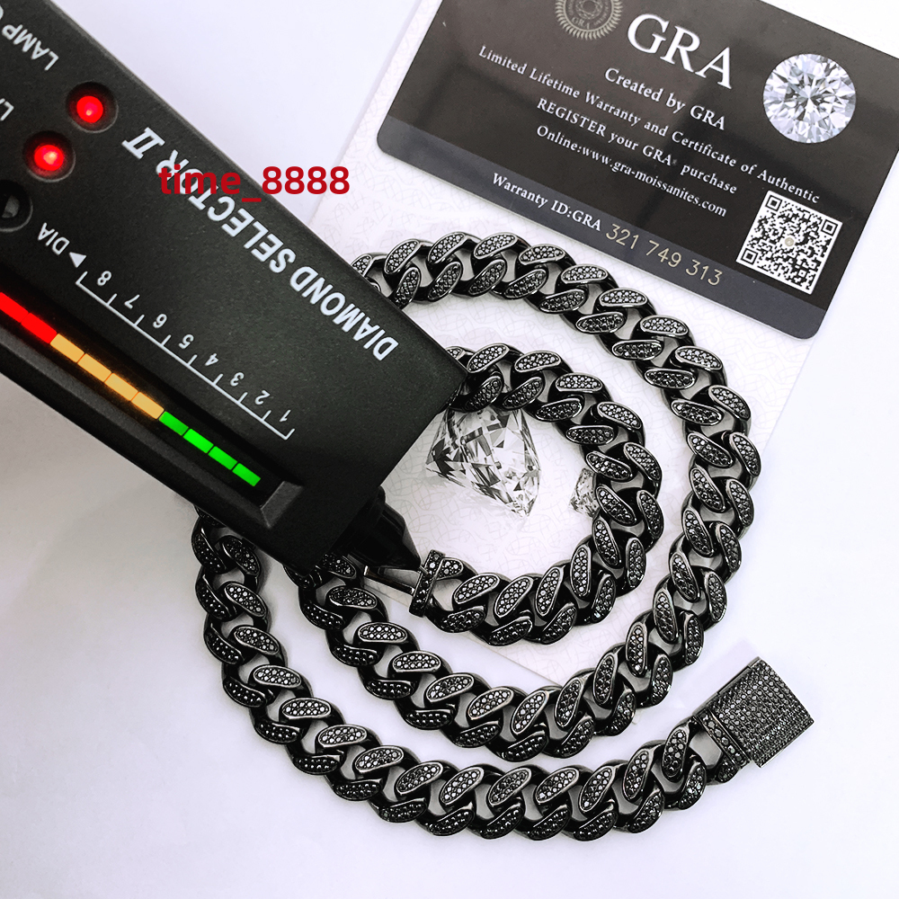 Hiphop Jewelry Iced Out Moissanite Cuban Chain Cuban Link Chain Moissanite S925 Silver 12mm Black Plated Two Row Vvs Black GRA