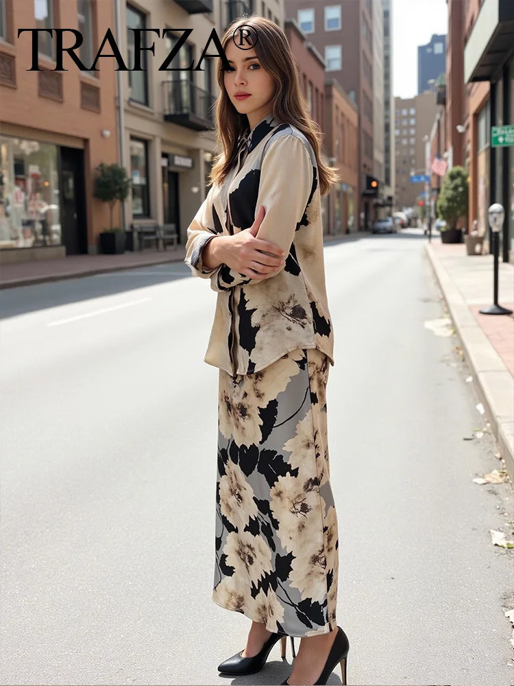 TRAFZA Womens Spring Fashion Silk Satin Texture Long Sleeve Printed Shirt Button Midi Dress Womens Printed Set 250321