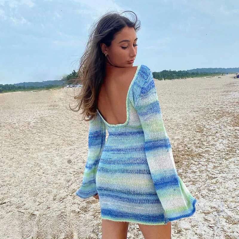 Basic Casual Women Dresses New Women's Sexy Backless Trumpet Sleeve Striped Sweater Dress Autumn