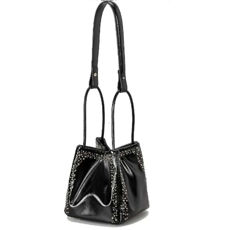 Fashion Retro Bucket Rivets Studs Tote Women Box Handbag Casual Shoulder Fold Bag Shopping Crossbody Female Purse