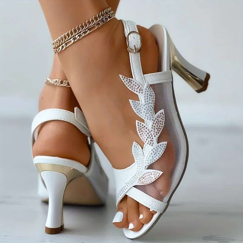 Rhies Women's Mesh High Heel Sandals Summer New Fashion Korean Style Peep Toe Buckle Strap Sgback Shoes Sandalias Mujer