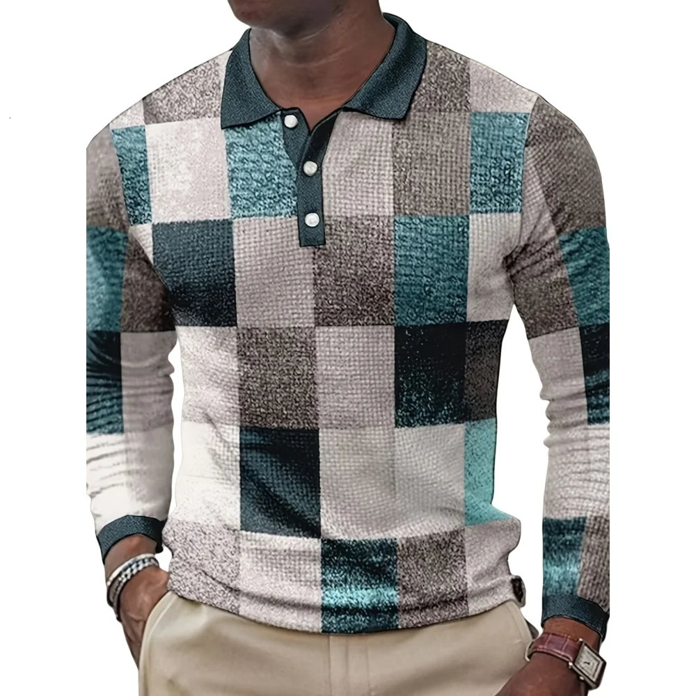 Mens polo shirt plain weave retro printed street fashion lapel long sleeved top outdoor sports button golf clothing mens Tshirt 250326