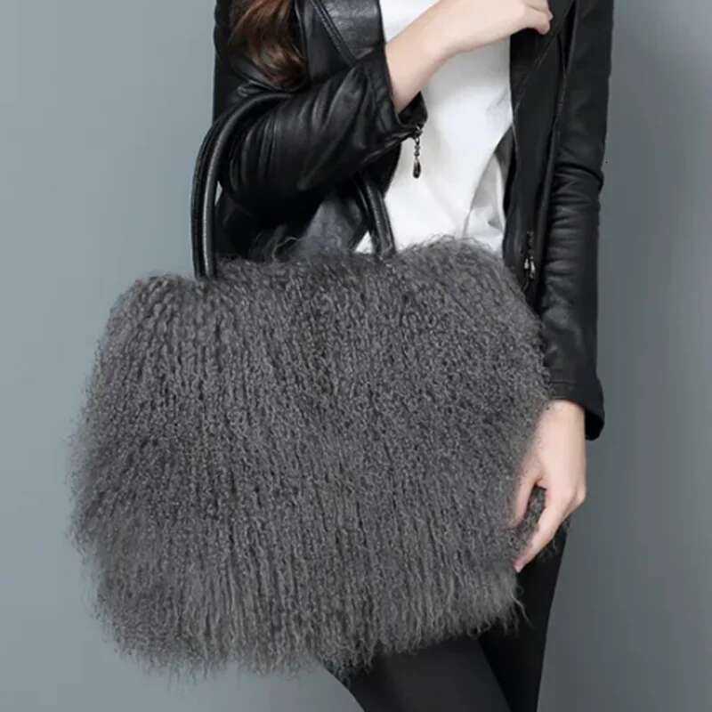 2025 Real Mongolian White Bags Australian Beach Wool Shoulder Ladies Tibet Lamb Fur Wrist Bag Large Capacity