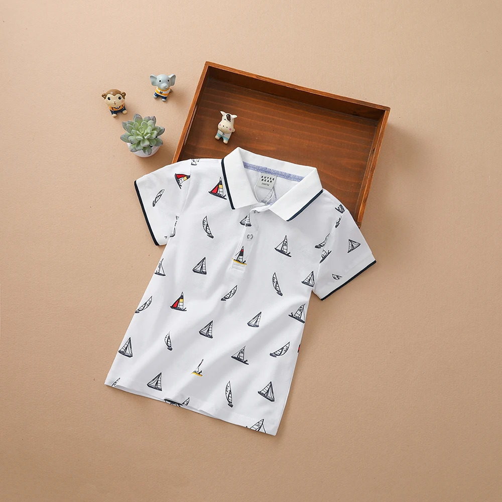 Baby Boys Polo Shirts Summer Short Sleeved Print Top Shirt School Clothing 4T-12T Kids Cotton Tshirts 250326
