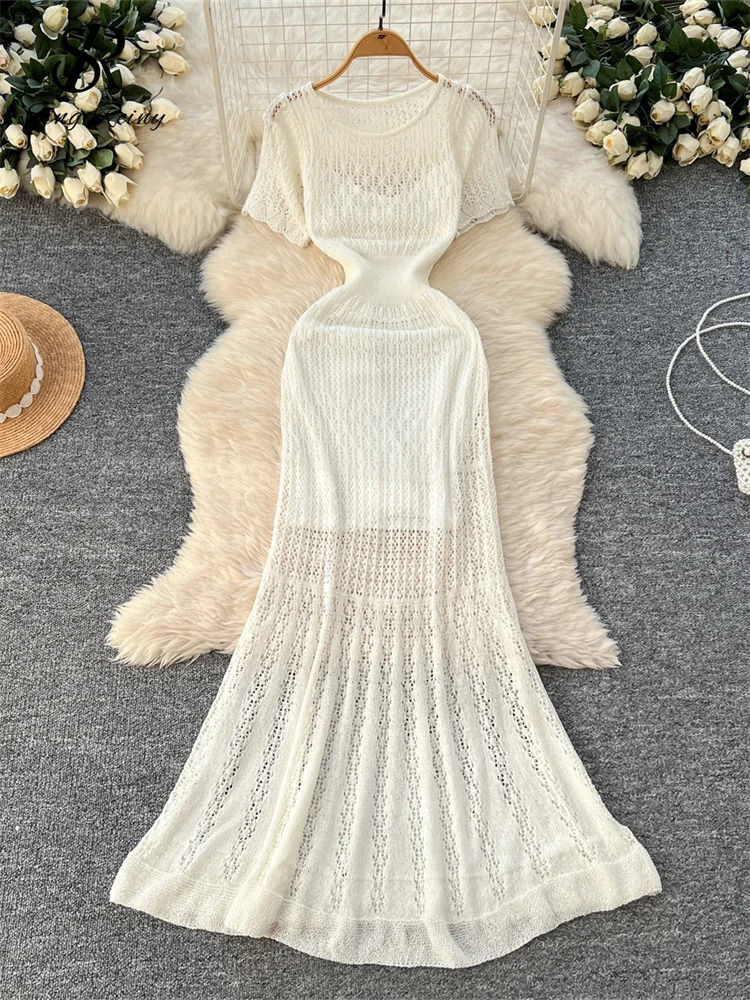 SINGREINY Vacation Style Casual Dress Suits Solid Strap Short SundressKnitting Hollow Out Long Dress Korean Women Beach Sets 250324