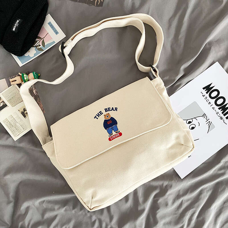 Ulzzang Academy Style Antique and Cute Cartoon Embroidery Bear Student Canvas One Shoulder Crossbody Bag Girl