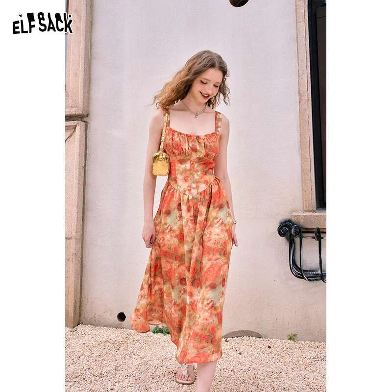 ELFSACK French retro oil painting printed camisole with waistband, light and sexy summer vacation dress