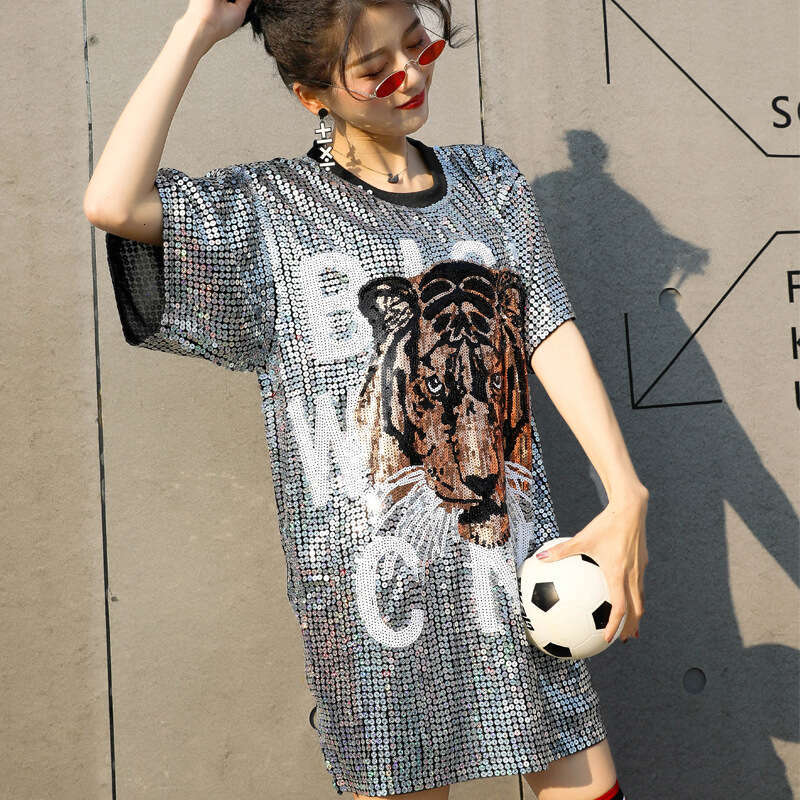 Trendy plus loose tiger head sequin embroidered T-shirt with round neck pullover, mid length top, women's clothing