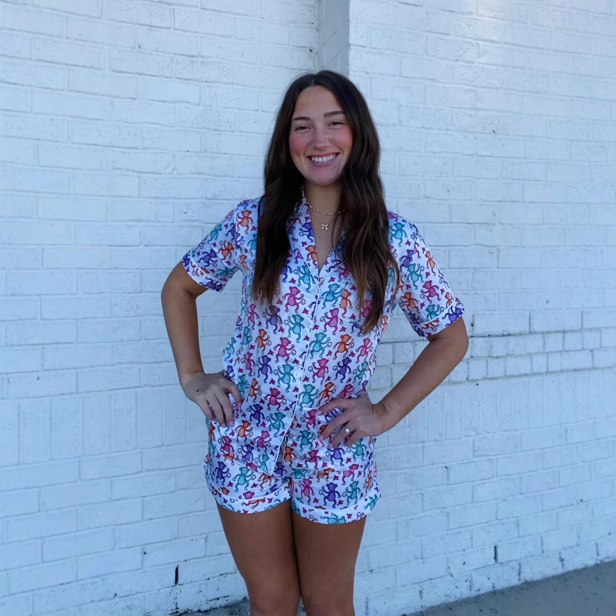 S3388 Summer Monkey Print Temperament Home Clothes Adult Women's Pajama Set
