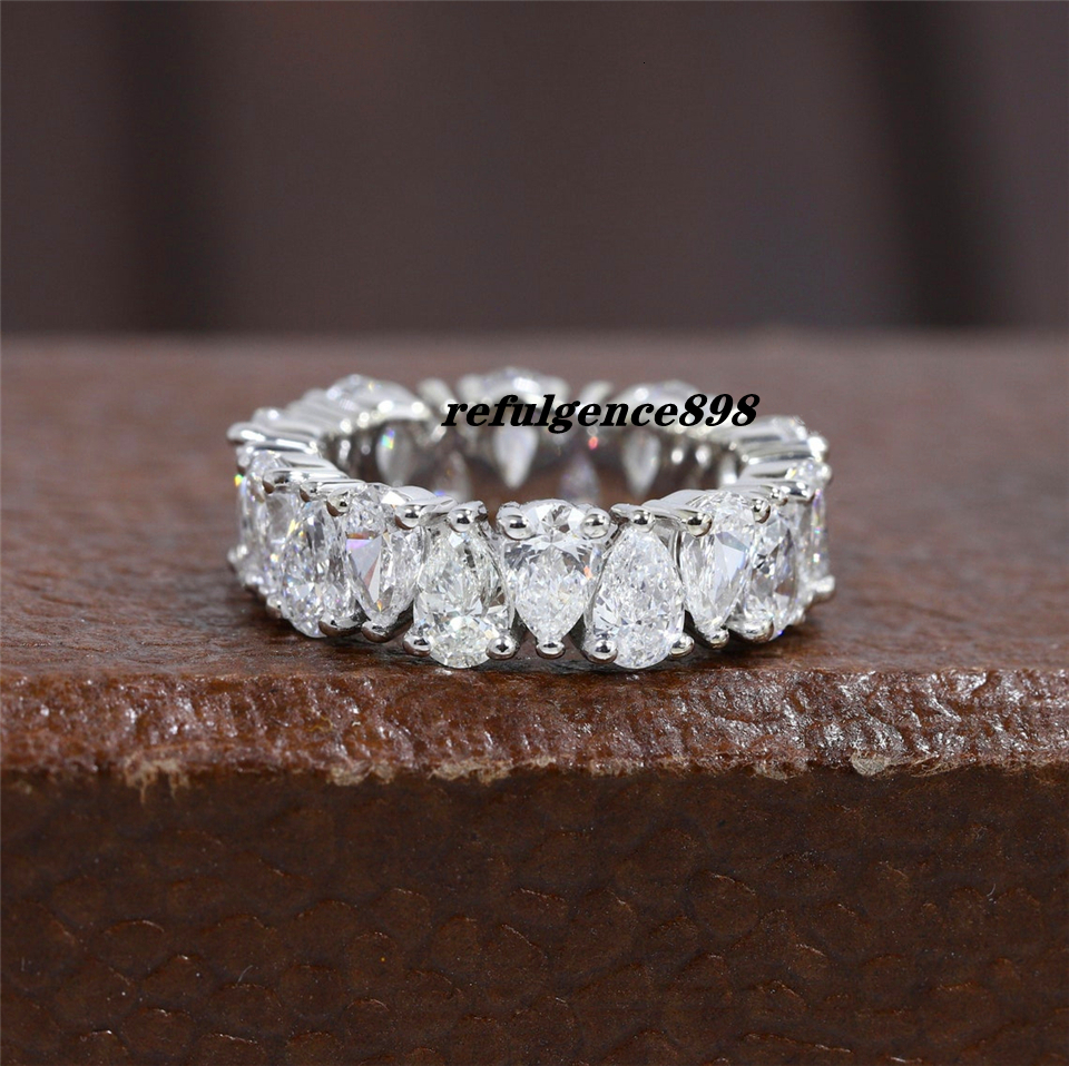 JY Jewelry 18K Real White Gold Pear Cut 5.0*3.5mm Lab Diamond Full Set Eternity Ring For Women Wedding Band CVD HPHT Gold Anniversary Gift Ring Band
