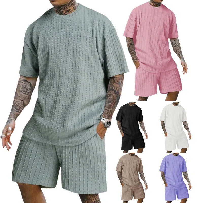 Mens Knitted Short Sleeve and Set Solid Color Casual Lightweight Beach Wear with Elastic Waist 250326