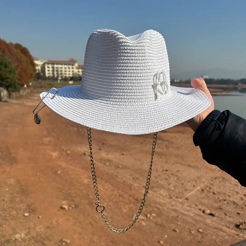 Summer Fedora Hat Metal Chain Beach Hats Customized English Letter Hats For Men And Women Panama Punk Hats Derby Party Hat 250325