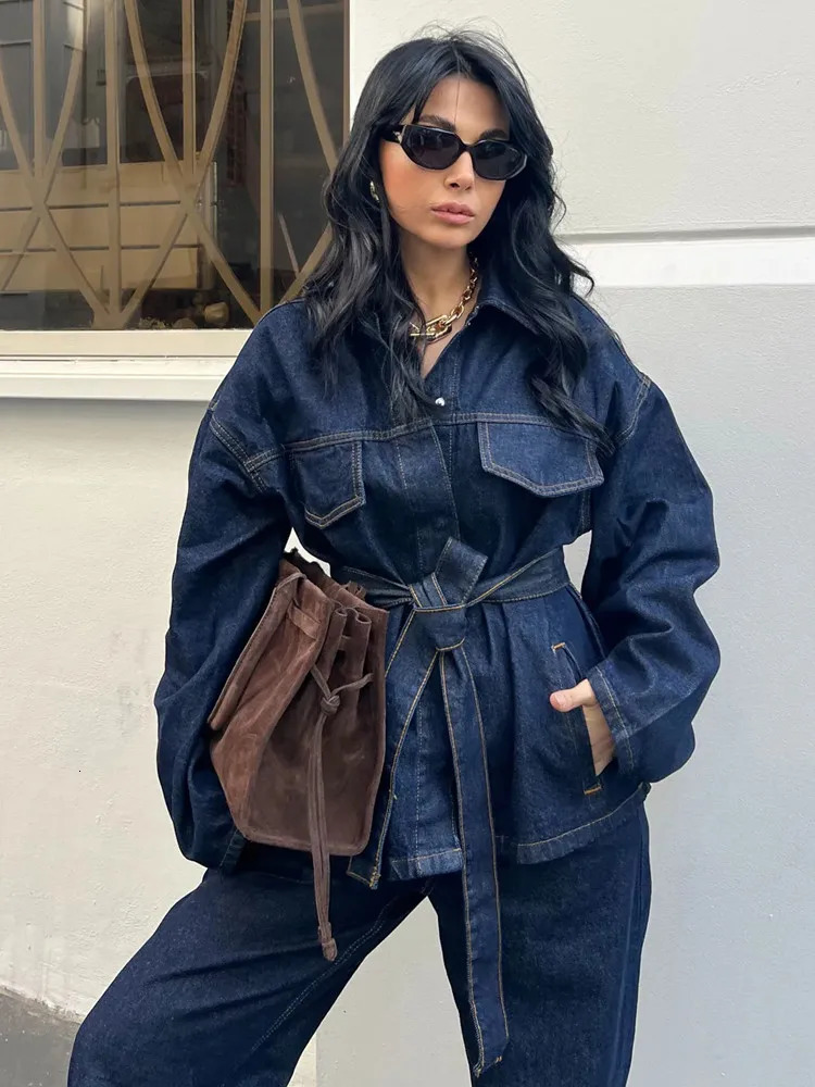 RARA 2025 Women's Long Sleeve Denim Belted Jacket Paired with Matching Wide Leg Pants Fashion Set for Stylish Look 250325