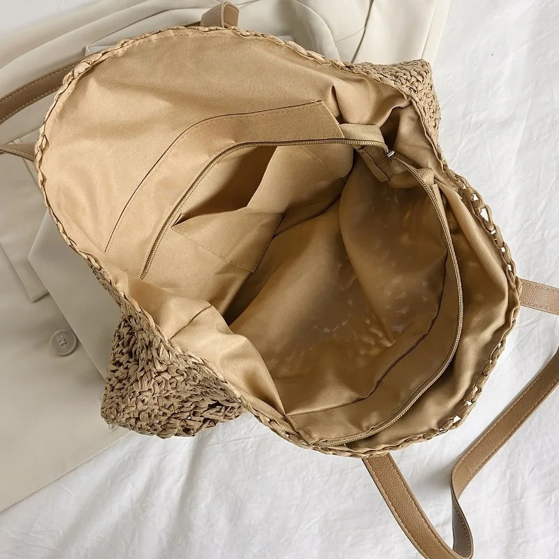 1pcs Minimalist Hollow Round Paper Rope Woven Shoulder Bag Casual Beach Tote Handbag Bohemian Style for Travel bag 250325