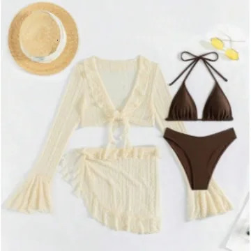 Women Solid Micro Mini String Bikini Sets 4 Pieces with Mesh Cover Tops and Skirt Swimsuit Bathing Suit Beach Outfits Biquini 250324