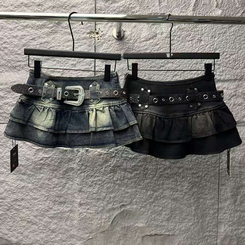 American Sweet Spicy Girl Denim Short Y2k Versatile Ruffled Skirt With Belt Spring And Autumn New Style