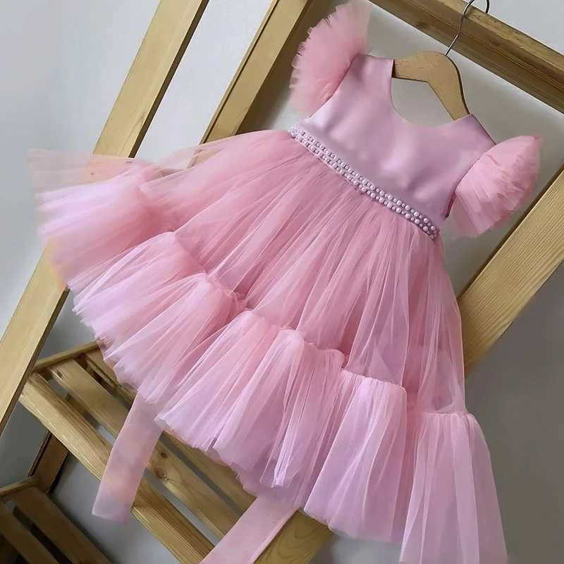 Pink childrens girl wedding dress baby dress Pageant girl Par princess birthday dress childrens clothing bow lace dress elegant vest W250326