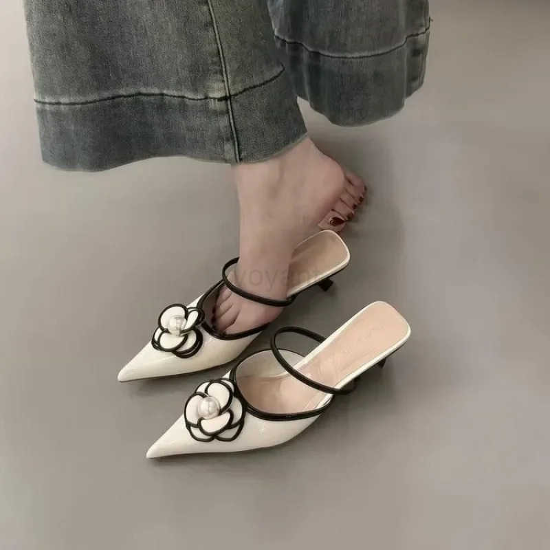 Luxury Pointed Toe H Designer Flower Sandals Fem Elegant Fashion Shallow Me Slippers Shoes Wens Sandals Summer 2025 Z250326