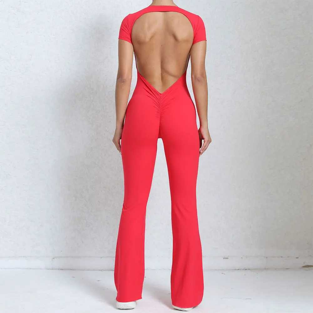 Long sleeved one-piece set womens backless sports jumpsuit womens push up jumpsuit quick drying yoga clothing exercise bodysuit W250326