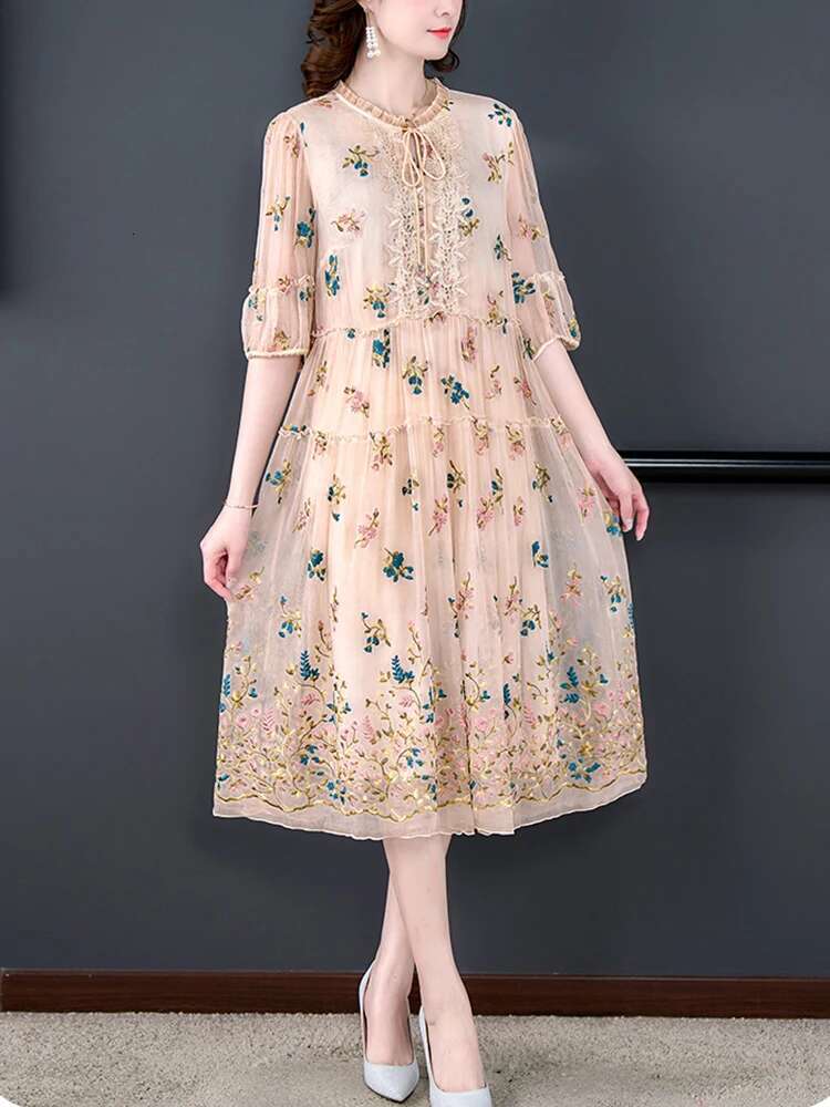 Summer New Silk Embroidery ral Loose Women Elegant Chic Ruffled Collar Casual Home Dress 2024 Vintage Party Robe