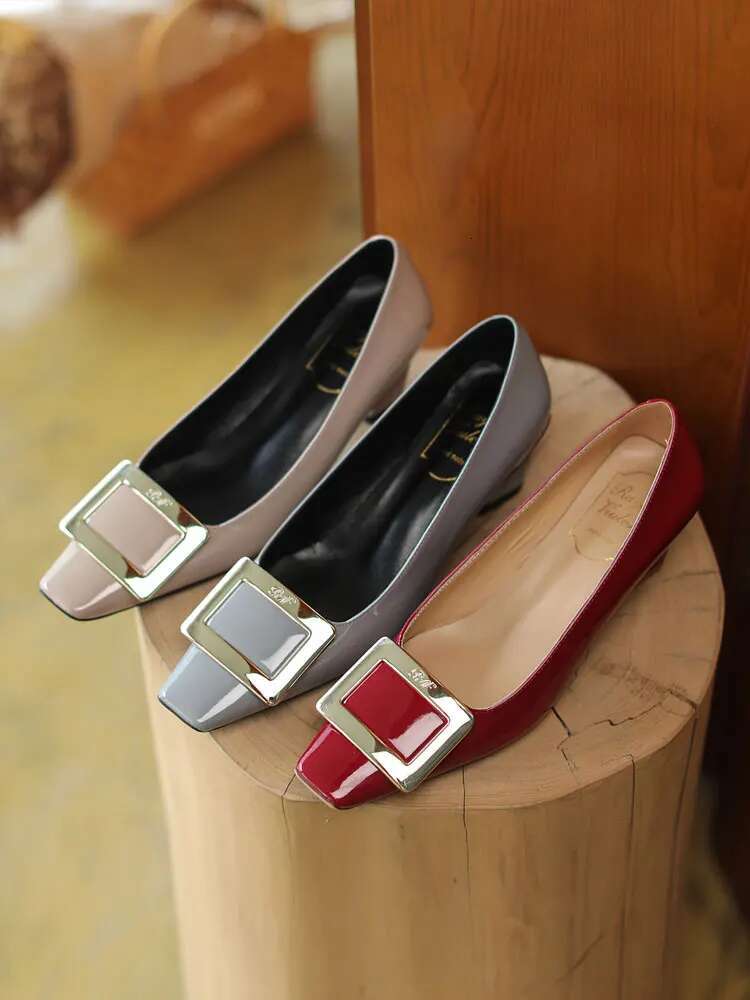 Square buckle medium heel square toe single work shallow cut high thick heels wedding shoe