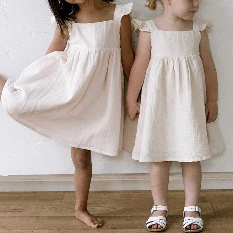100% pure cotton plain weave girls white dress with lace summer new retro baby girl sleeveless ruffled shoulder straps Flowy princess dress TZ385 W250