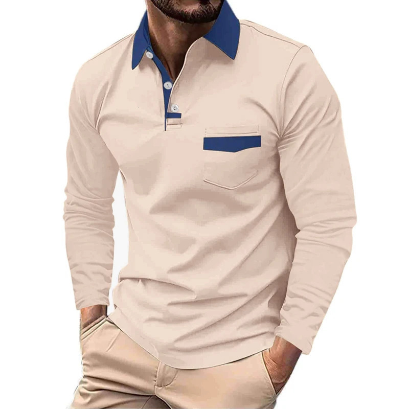 Spring and Autumn mens long sleeved business casual golf polo shirt sports solid color large pocket top 250326