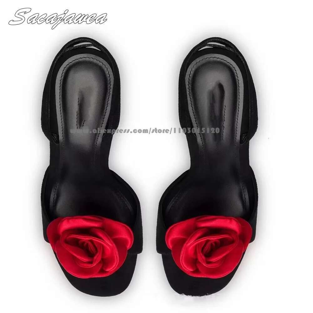 Open Toe One Word Belt Red Rose Back Strap High Heels All-Match Side Empty Shallow Sandals Large Size 34-46 Sexy Pumps