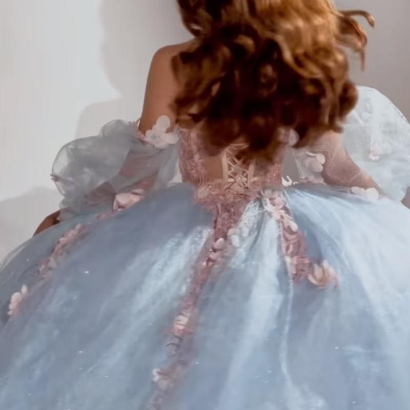 Sky Blue Shiny Sweetheart Sweet 16 Year Old Quinceanera Dresses Appliques Flower Beads Tulle Puff Sleeve Formal Dress vestidos de 15 anos