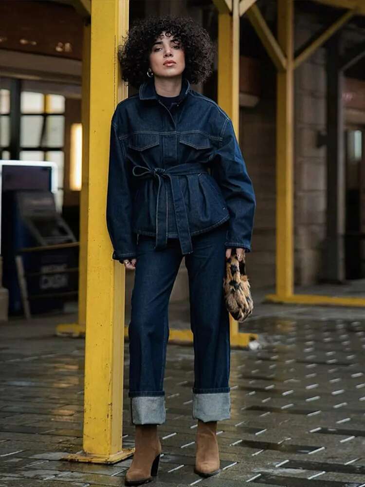 Vintage Denim Straight Female Pants Lace Up Belt Jacket Women Two Pieces Set Single Breasted Long Sleeve Lady Coat Suit