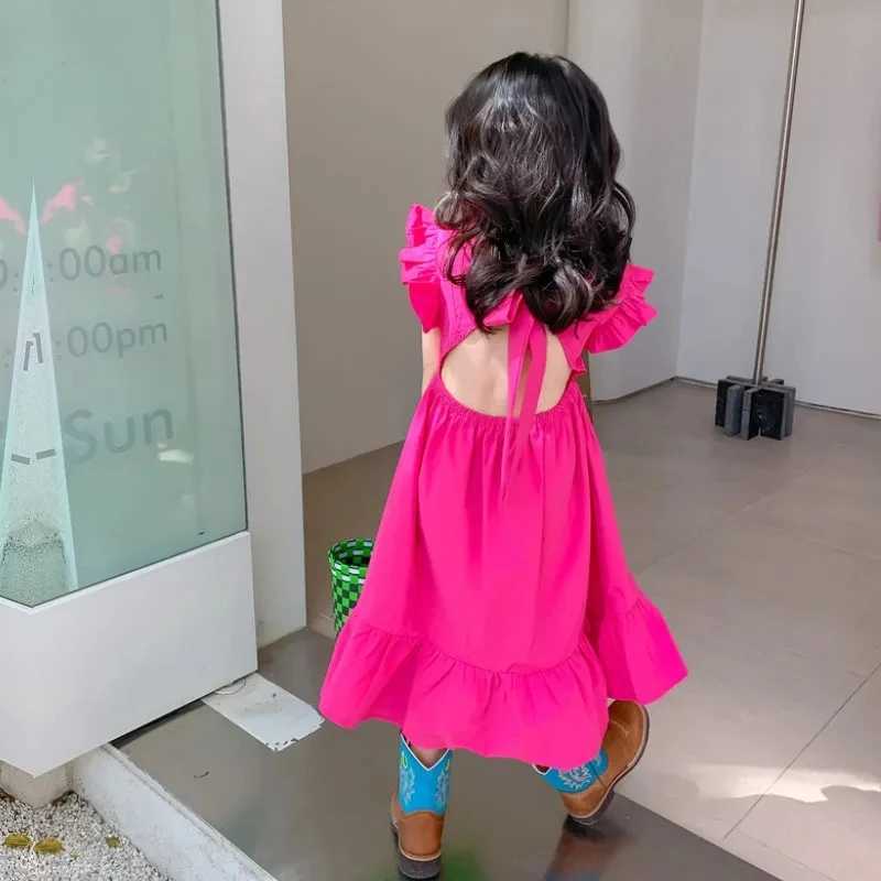 Dress Girl 2024 Summer New Style 2-7 Year Old Korean Version Hollow Back Fashion Casual Par Dress Childrens Clothing W250326