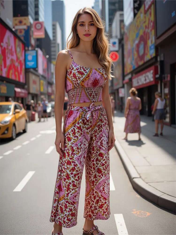TRAFZA Women Fashion Print Pant Sets Sleeveless Strap Top Loose Casual Elastic Waist Trousers 2025 Summer Lady Bohemian Outfits