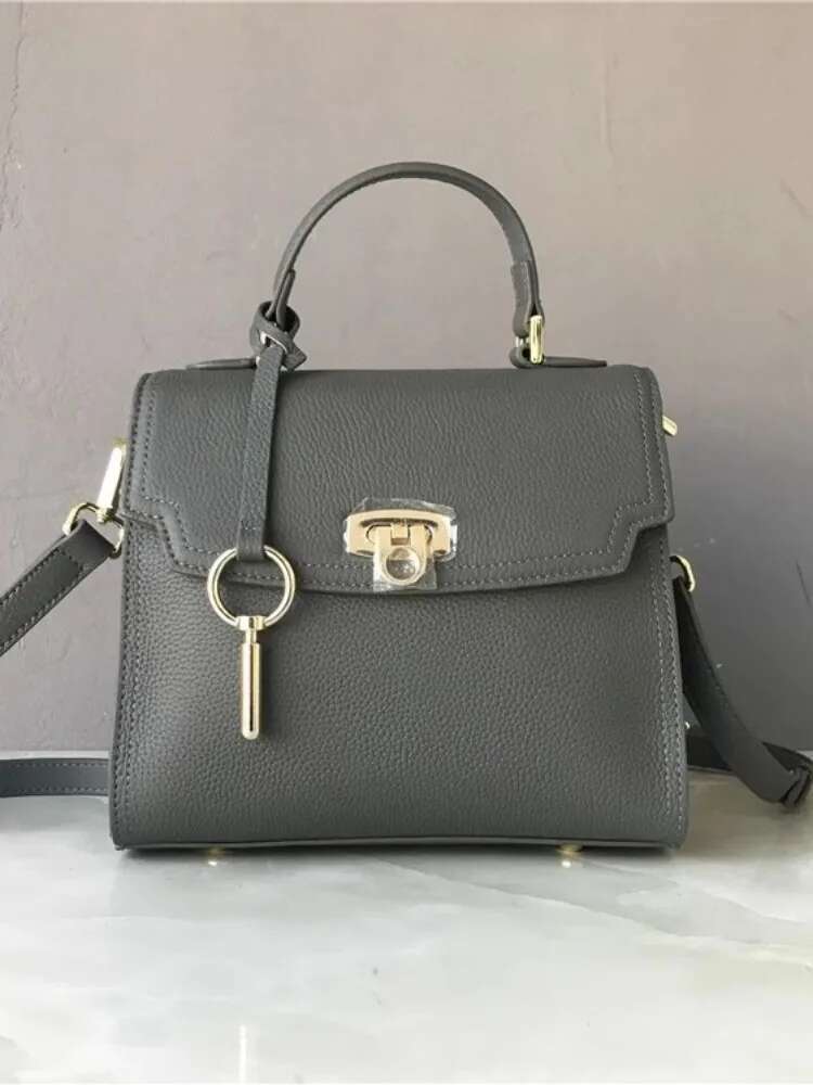 Elegant Office Ladies Solid Color Tote Handbag Hasp Single Shoulder Bag Women New Fashion Cowskin Genuine Leather Crossbody Bags