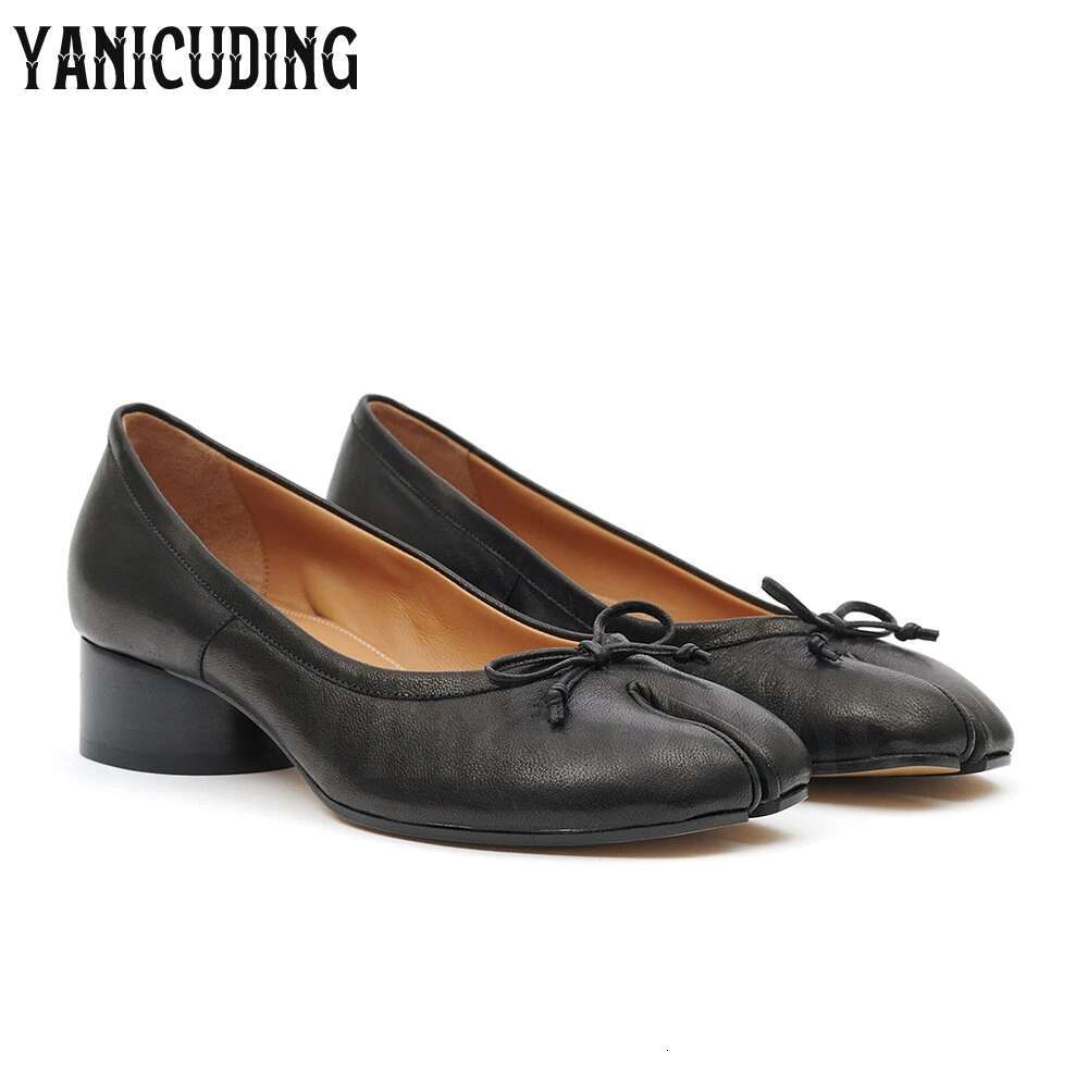 3cm Low Cydrical Heel Ballerina Pumps Tabi Slip-On Leather Shoes Bow Detaig Elegant Handmade Designer Footwear for Banqute