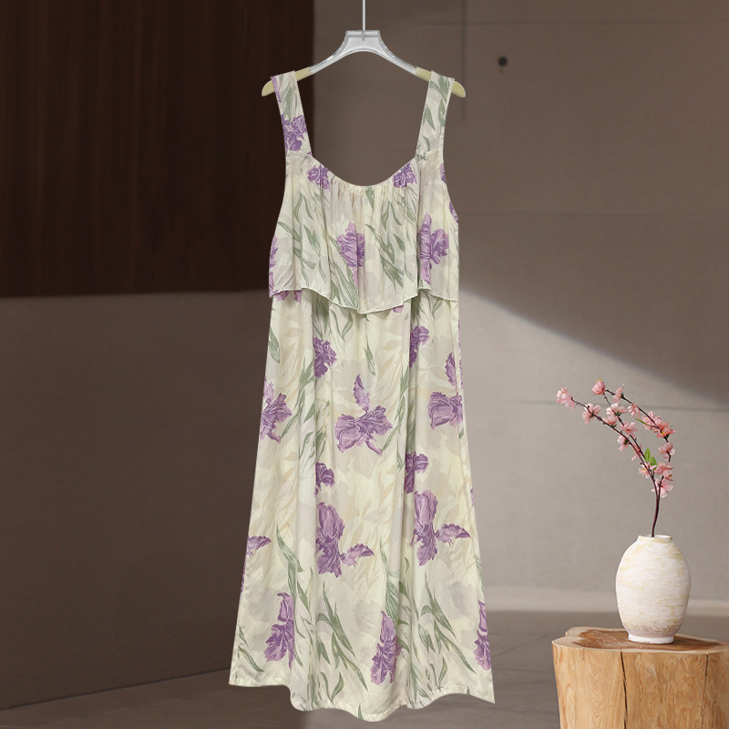 L163 New Summer Cotton Silk Nightdress Women's Sling Anti-Bump Loose Thin Artificial Cotton Small Floral Large Size Dress