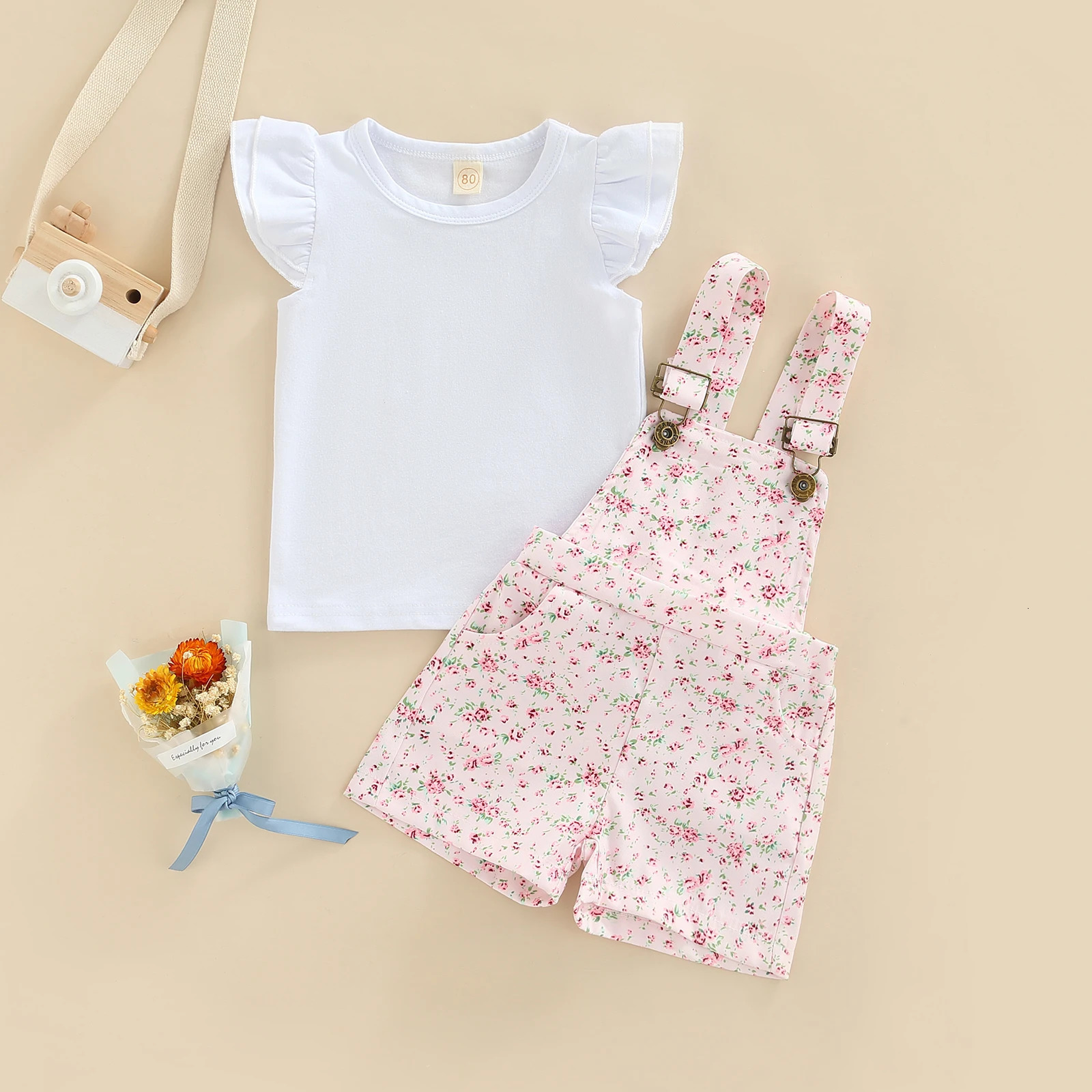 Kids Clothes Girls Summer Outfits Children Clothing Short Sleeve Round Neck Tops Flowers Printed Suspender Short Pants Set 250326