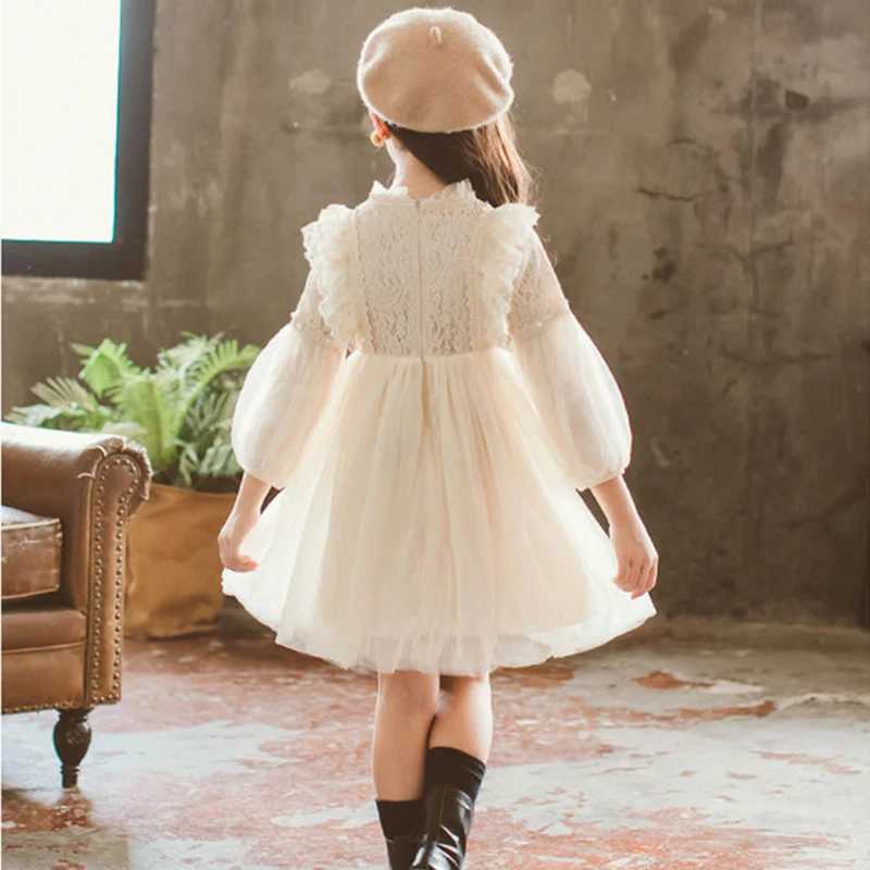 Spring and Autumn Girls Dress Lantern Sleeve Lace Mesh Pearl Sweet Fashion Little Princess Dress 3-12 Year Christmas Childrens Clothing W250326