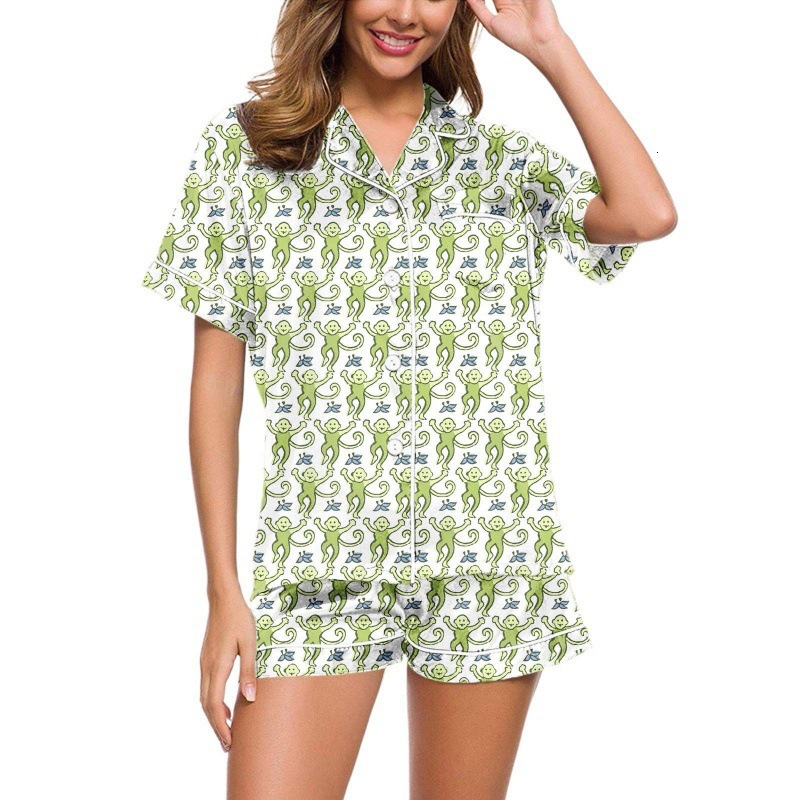 2025 Summer Home Clothes Monkey Printed Polo Casual Set Pajamas for Women